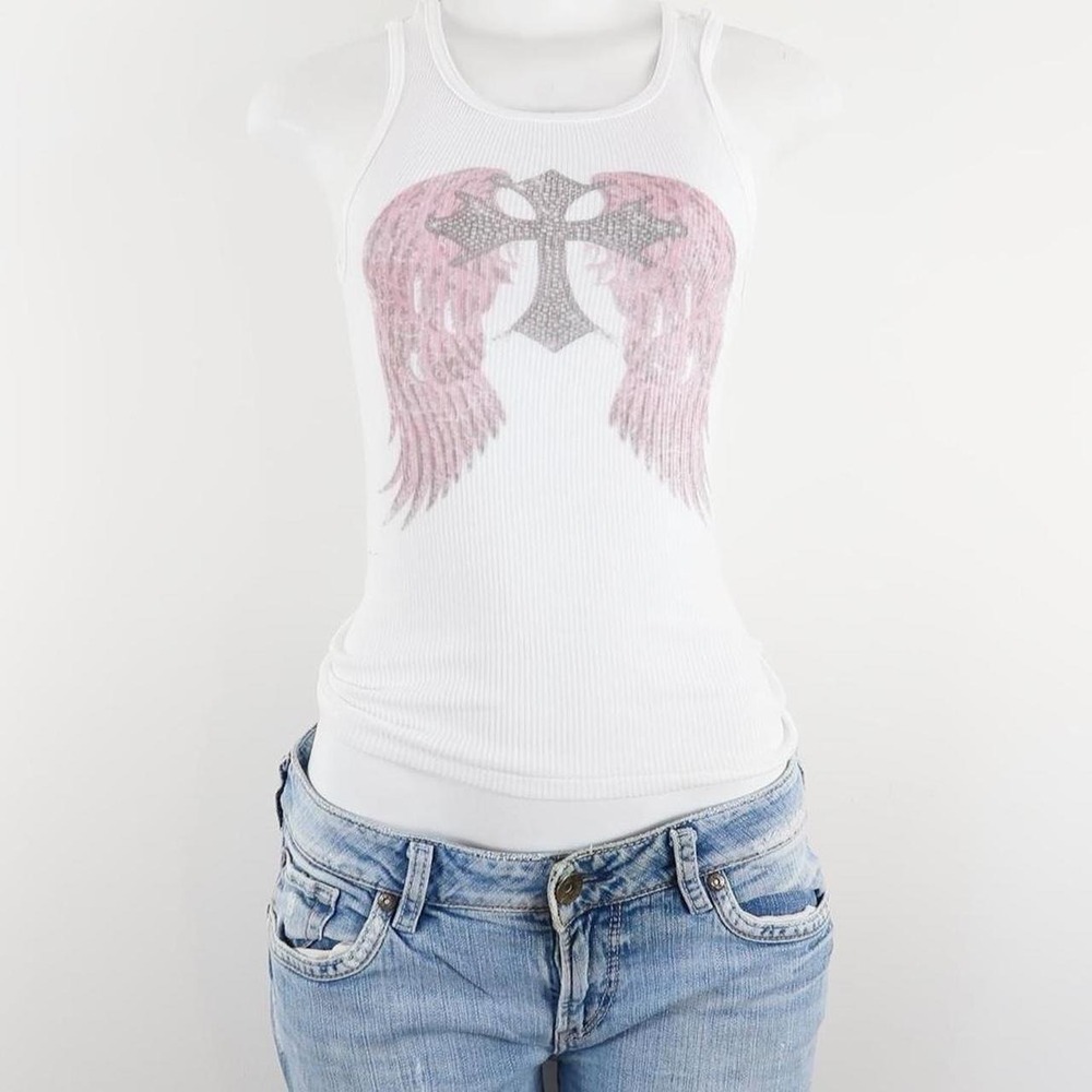 y2k pink angel wing cross graphic ribbed tank top